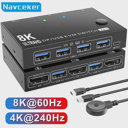 Navceker 2-Poorts DisplayPort KVM Switch: 8K 60Hz, 4K 240Hz, USB 3.0 - Deel 1 Monitor & 4 Apparaten