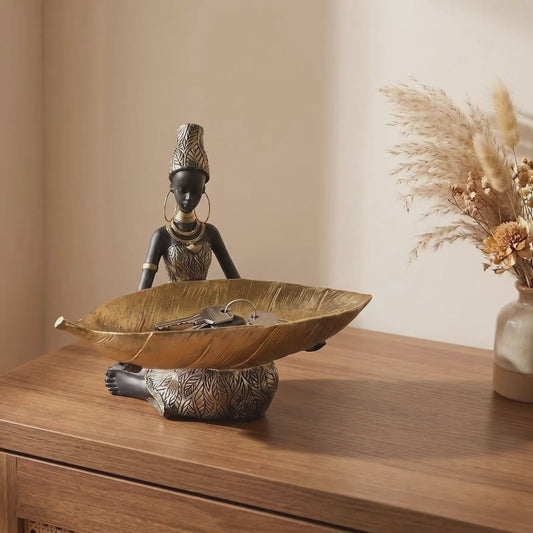 Afrikaanse Vrouw Sculptuur met Gouden Blad Schaal - Decoratieve Opberger & Verzamelobject