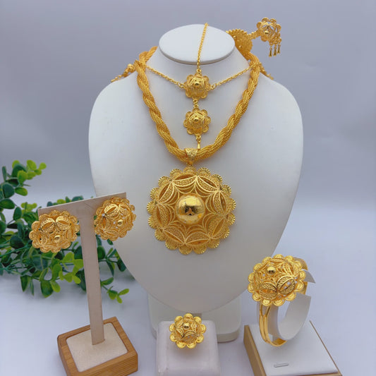 Gouden Sieraden Set Dames 24k Verguld - Afrikaans/Indisch Design met Grote Hanger - Bruiloft & Cadeau