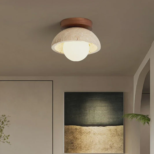 Wabi Sabi Stijl Plafondlamp - Natuursteen Look met Houten Accent