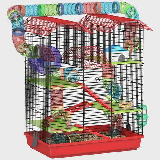 Grote Hamsterkooi met Tunnel, Loopwiel en Voerbak - 47x30x59 cm Rood
