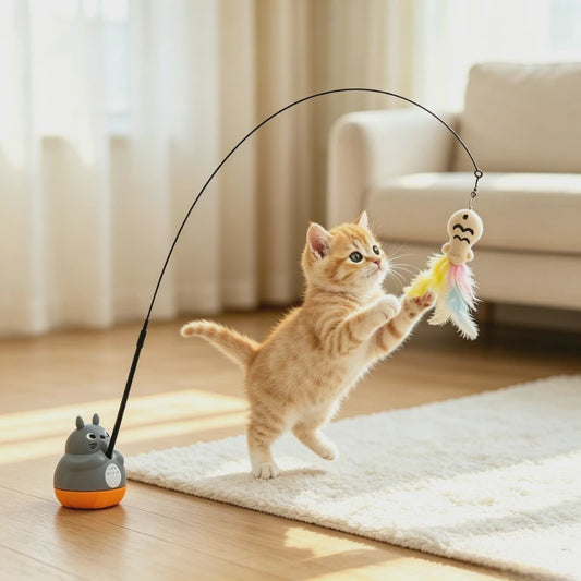 Interactieve Kattenhengel met Roterende Basis & Veer - Stimuleert Spel & Beweging