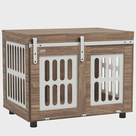 PawHut Houten Hondenkennel met Schuifdeur - Stijlvolle Hondenmand & Bijzettafel voor Middelgrote Honden - Goede Ventilatie