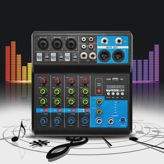 5-Kanaals Audio Mixer met 48V Fantoomvoeding, Bluetooth 5.0 & USB - Professionele Geluidskaart voor Streaming & KTV