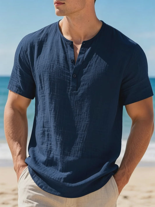 Heren Katoen Linnen Henley T-shirt Korte Mouw - Lichtgewicht & Ademend voor Zomerse Casual Looks