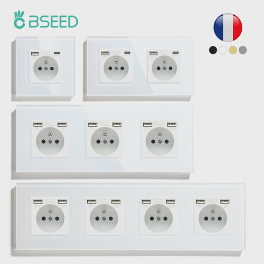 BSEED Wandcontactdoos met Dubbele USB & Type-C Poorten - Stijlvol Glazen Frame