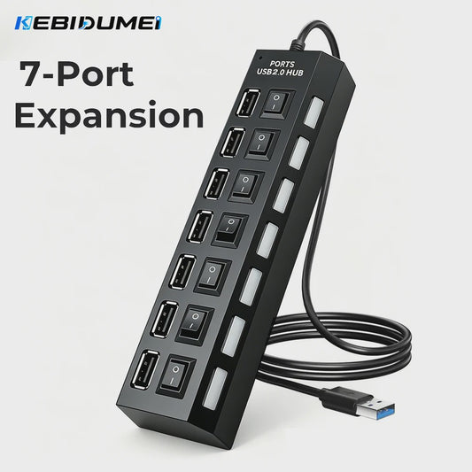 7-Poorts USB Hub met Individuele Aan/Uit Schakelaars - Hoge Snelheid USB 2.0 Splitter