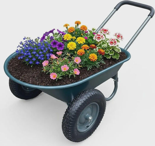 Stevige 2-wiel kruiwagen voor tuin en buiten – 120 kg capaciteit, ijzeren bak & kunststof