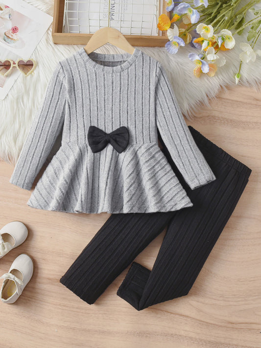 Schattig Kinder Meisjes Set: Lange Mouw Top met Strik en Broek