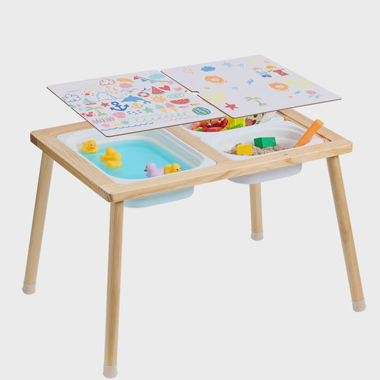 Houten Sensorische Activiteitentafel voor Kinderen met 3 Opbergbakken & Dubbelzijdig Bord