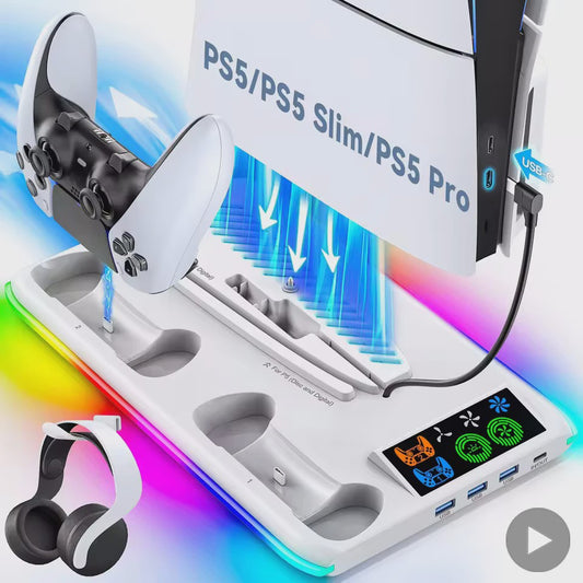 PS5 Verticale Stand met Koeler, Controller Oplader & RGB Verlichting