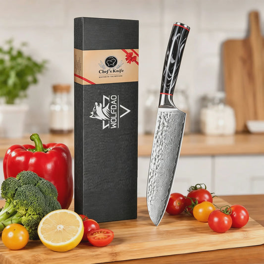 Professioneel Damascus Koksmes - 67 Lagen Staal, Ergonomisch G10 Handvat, Inclusief Cadeaubox