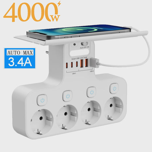 Multifunctionele Stekkerdoos met Telefoonhouder, 4 Stopcontacten en 6 USB-poorten