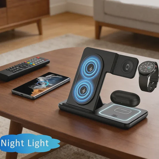 3-in-1 Opvouwbare Draadloze Oplader Stand voor Samsung Telefoon, Horloge & Earbuds - Snel Laden