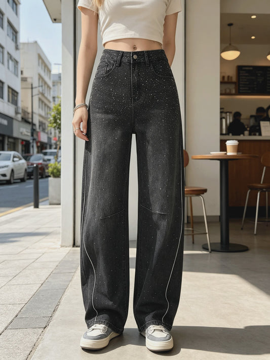 Dames Y2K Jeans met Strass en Wijde Pijpen - Zwart Gewassen Baggy Denim