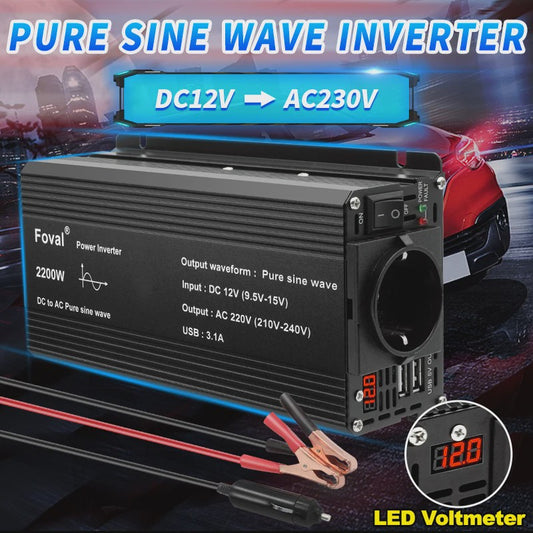Pure Sine Wave Omvormer 12V DC naar 230V AC - 1500W tot 3000W met EU Stopcontact & USB