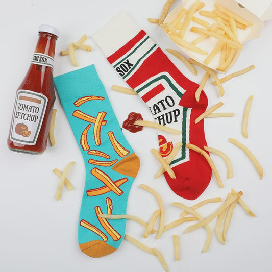 Grappige Sokken met Frietjes & Ketchup Print - Unisex Mid-Calf Sokken
