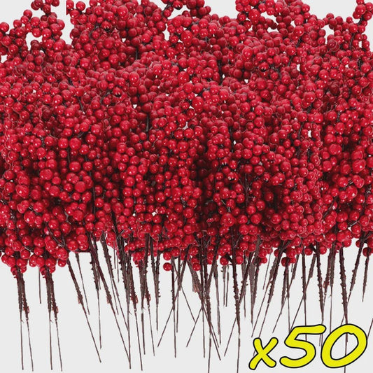 50 Kerst Takken met Kunstmatige Rode Bessen - Feestelijke Decoratie voor Kerstboom & Huis