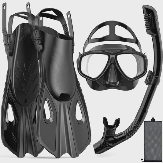 Complete snorkelset voor volwassenen: masker, snorkel, flippers en tas