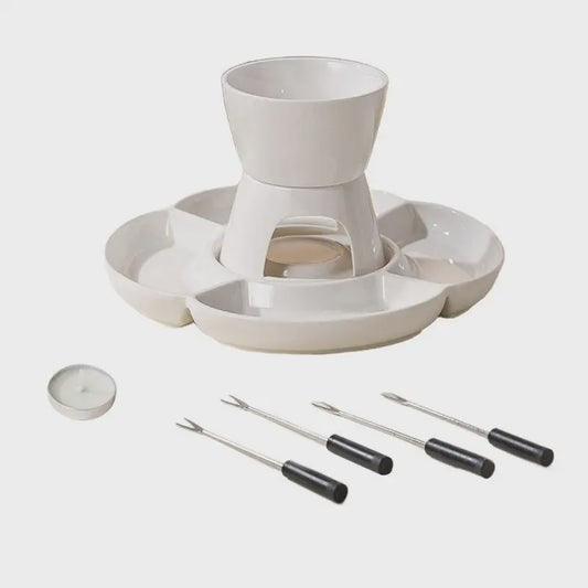 Keramische Fondue Set met Dienblad en Vorken - Voor Kaas, Chocolade en Snacks