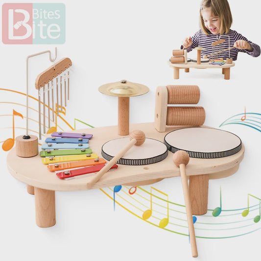 Houten Montessori Muziektafel voor Baby's & Kinderen - Xylofoon, Trommels & Windgong