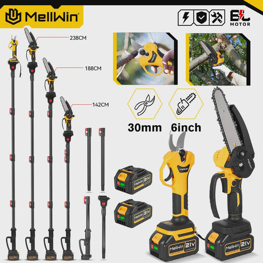 Elektrisch Snoeigereedschap Set: Telescoopsteel Snoeischaar & Kettingzaag (21V Accu)