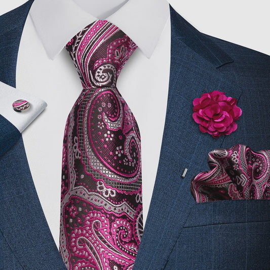 Luxe Heren Set: Paarse Paisley Stropdas, Manchetknopen, Pochet & Boutonnière - 8cm Breed