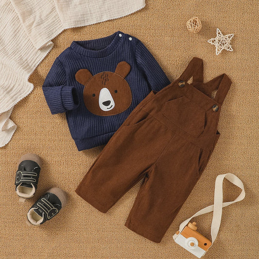 Schattige Baby Jongens Set: Sweater met Beerprint & Corduroy Overalls