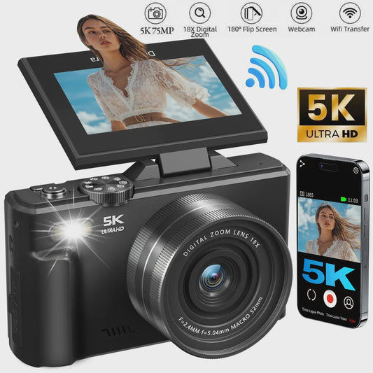 5K Digitale Camera met 75MP, 18x Zoom & 180° Flip Screen - Perfect voor Vlogs, YouTube & Selfies - WiFi