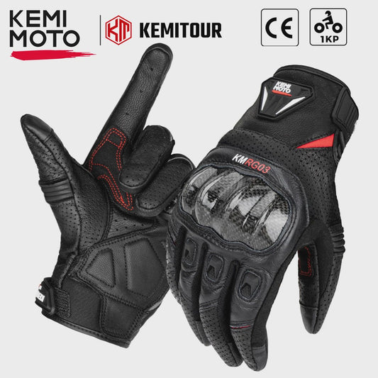 KEMIMOTO Motorhandschoenen Zomer - Ademend Leer met Carbon Bescherming & Touchscreen