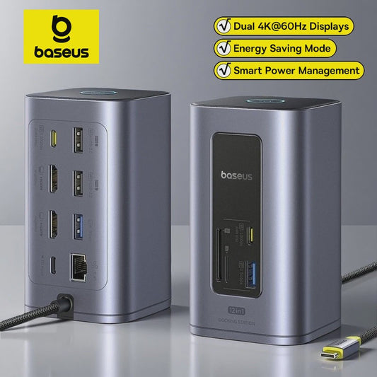 Baseus 12-in-1 USB-C Docking Station: 4K HDMI, Dual Display, RJ45, PD 100W