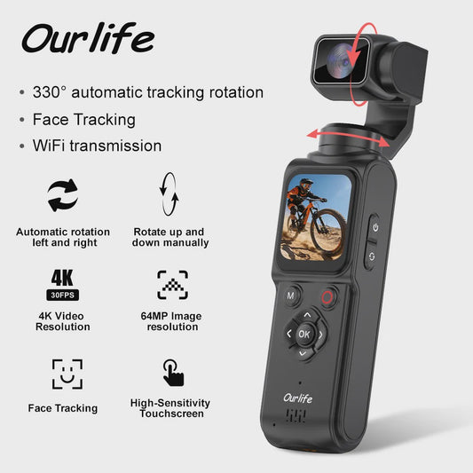 Ourlife 4K Actiecamera met 330° Face Tracking Gimbal Stabilisator & 1.72" Touchscreen