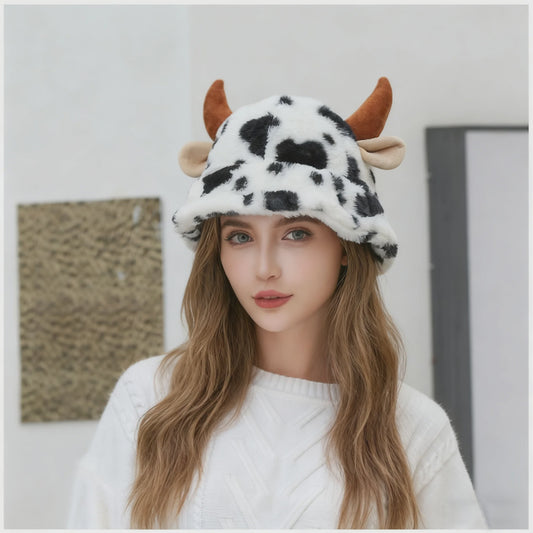Warme Koeienprint Bucket Hat met Hoorns - Fleece Gevoerd & Verdikt voor de Winter