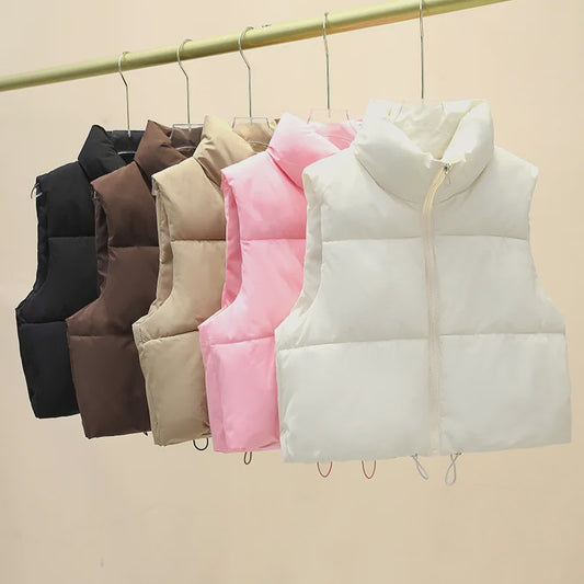 Dames Mouwloos Winter Vest - Warm & Stijlvol Gevuld Kort Jasje met Opstaande Kraag