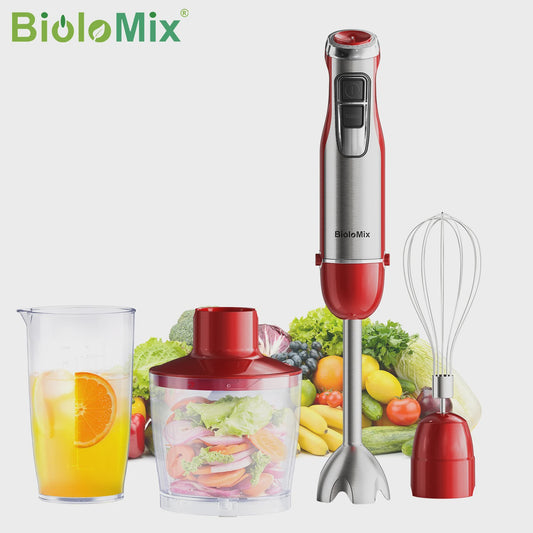 BioloMix Red 1200W 4-in-1 Hand Blender: Krachtige Staafmixer met Hakker & Smoothiebeker voor Babyvoeding en IJs