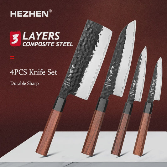 HEZHEN Keukenmes Set 4-delig - 3-laags Composiet Staal, Santoku & Nakiri