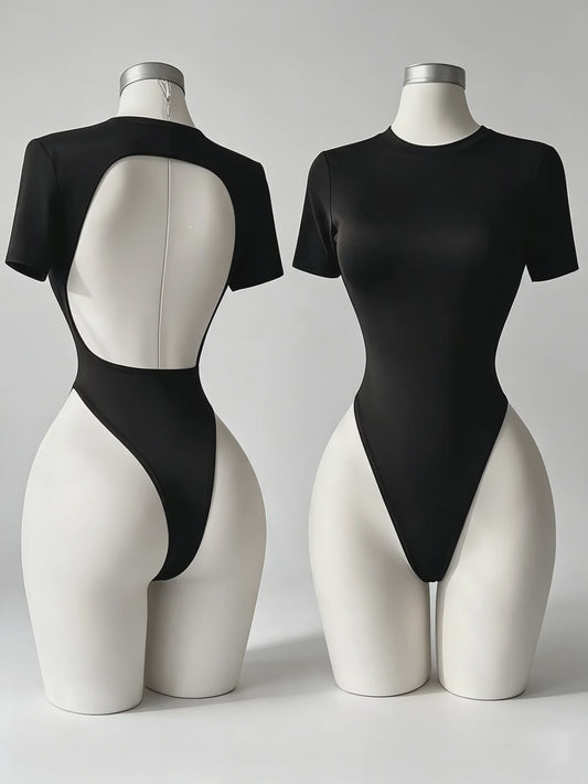 Dames Backless Bodysuit met Korte Mouwen - Comfortabele Basis met Open Rug