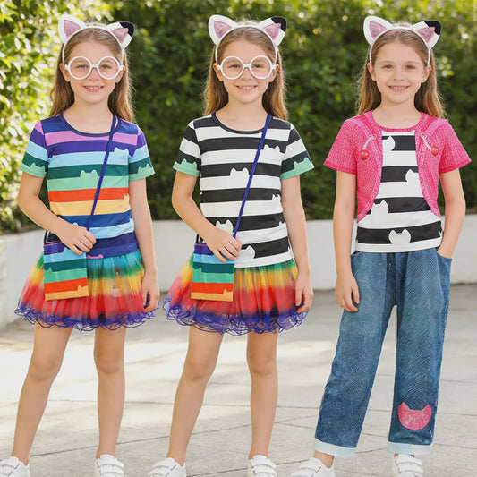 Meisjes Kleding Set: Zwart-Wit Katten T-shirt & Regenboog Tutu Rok met Accessoires