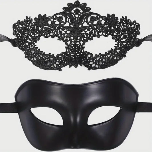 Set van 2 Elegante Zwarte Kant Maskerade Maskers voor Koppels - Venetiaans, Mardi Gras, Halloween