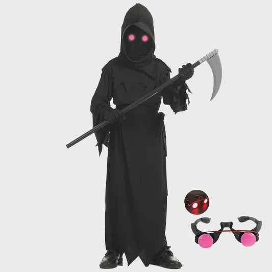 Kinder Halloween Kostuum Grim Reaper met Rode Oogjes en Zeis - Eng Duivel Spook Verkleedset