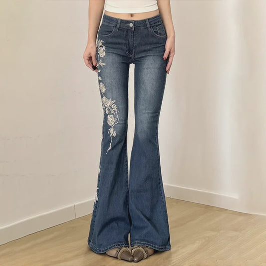 Dames Jeans met Retro Bloemenborduurwerk - Y2k Stijl Flared Broek