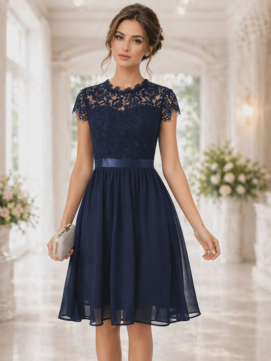 Elegante Zomer Midi Jurk met Korte Mouwen, Kant en A-lijn - Perfect voor Feestjes en Bruiloften