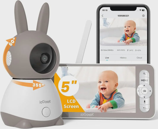 IeGeek 2K WiFi Babyfoon met 5" Split Screen, 360° PTZ Camera, Nachtzicht & App Bediening