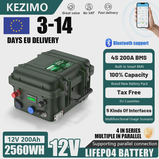 12V 200Ah LiFePO4 Accu met Bluetooth BMS - 2560Wh, IP56 Waterdicht, USB QC Charge