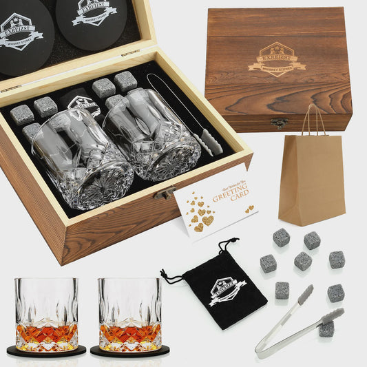 Luxe Whiskey Set met Glazen en Granieten Stenen - Houten Cadeaubox