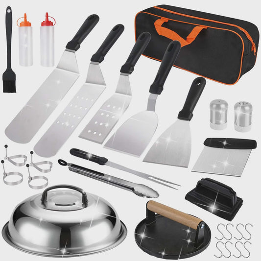 Uitgebreide BBQ Accessoires Set (29 Delig) - Inclusief Burgerpers, Spatels en Opbergtas