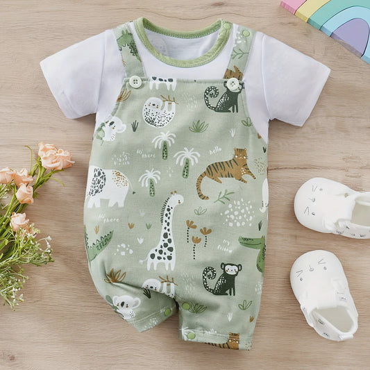 Schattige Baby Jongens Romper met Dierenprint - Faux Twee-delig met Korte Mouwen voor Pasgeborenen