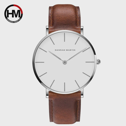 Hannah Martin Herenhorloge - Stijlvol Zilver & Bruin Leer, Waterdicht Quartz Dress Watch