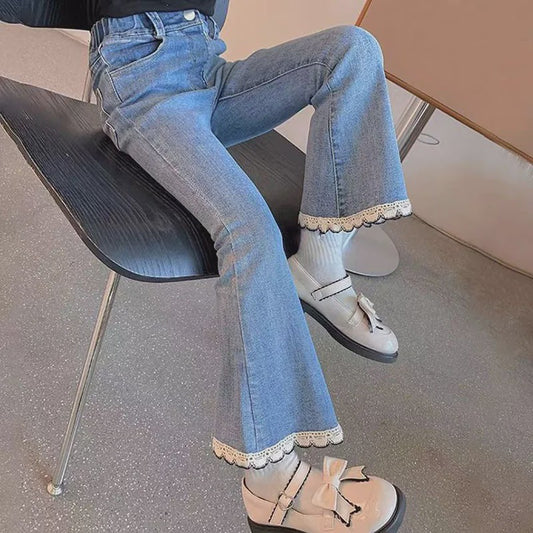 Bell-bottom Jeans voor Meisjes met Kraaltjes en Kant - Modieuze Stretch Denim Broek