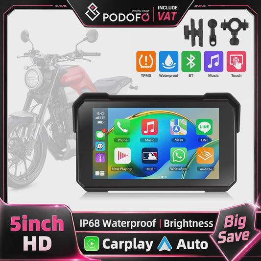 Podofo 5" IPS Touchscreen Motorfiets Smart Player - Waterdicht, CarPlay & Android Auto
